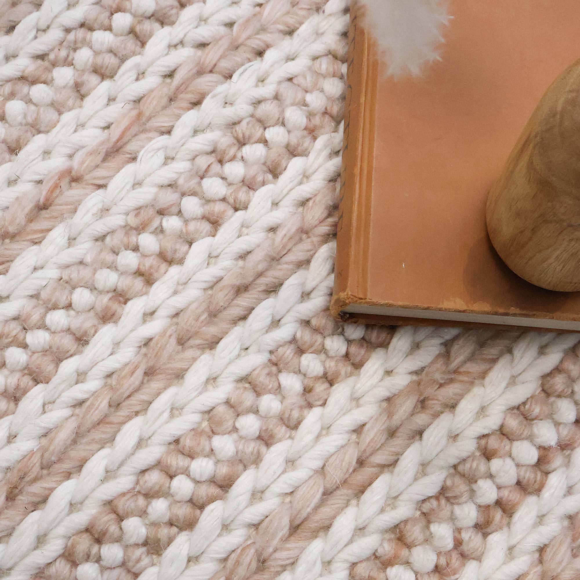 Pink and White Woven Wool Blend Bedroom Rug