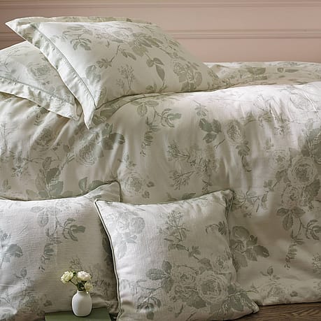 Tumbling Roses Tumbling Roses Linen Upholstered Bed | Sage Green Rose Patterned Linen ...