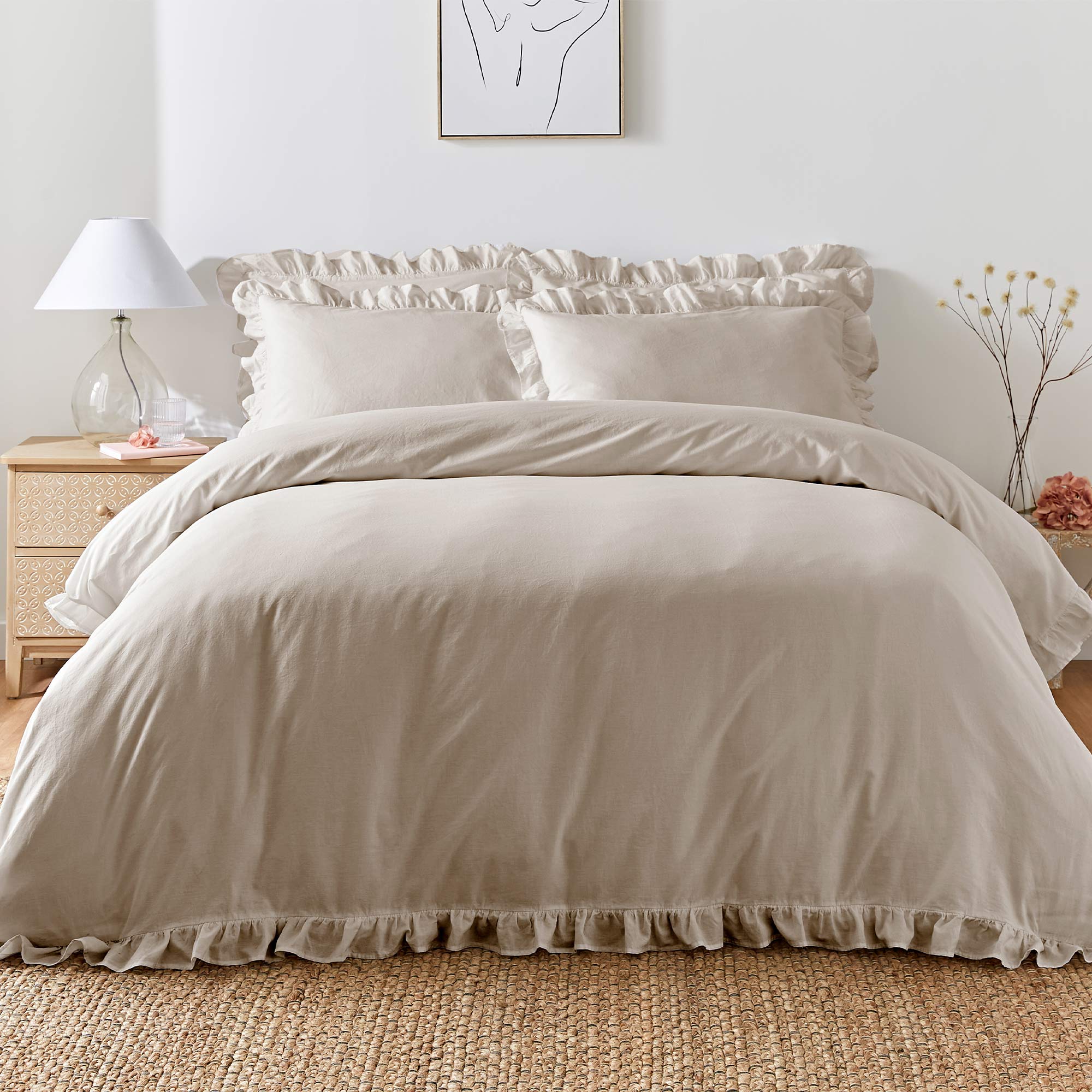 Ruffle Trimmed Oatmeal Beige Bed Set