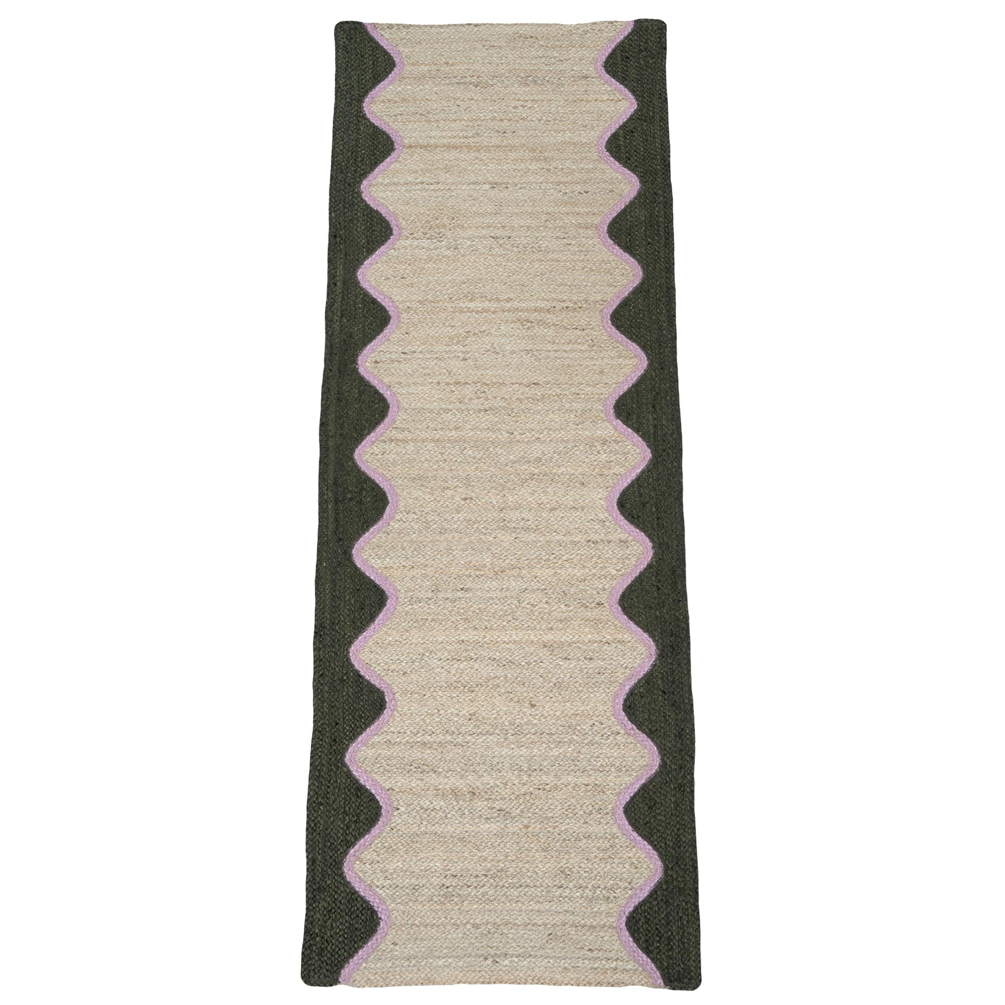 Hand-Woven Runner in Dark Olive and Lilac Pink Scallop Detailing 