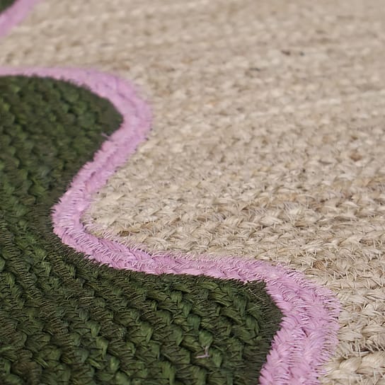 Hand-Woven Runner in Dark Olive and Lilac Pink Scallop Detailing Hand-Woven Runner in Dark Olive and Lilac Pink Scallop Detailing