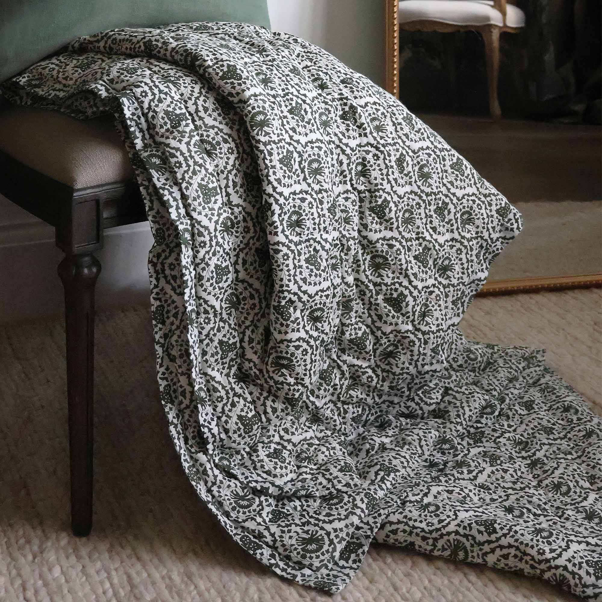 Handblock Quilt in Dark Green and White 