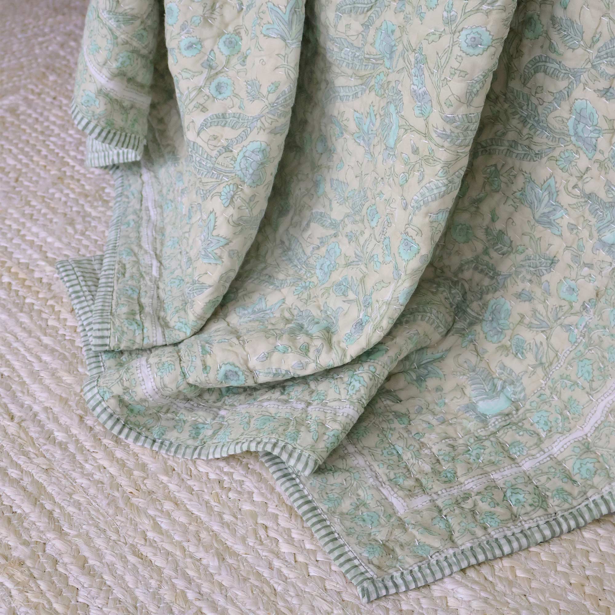 Handblock Reversible Bedspread with Striped Flat Piping Edge