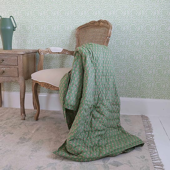 Bright Green Throw with Pink Floral Detail Bright Green Throw with Pink Floral Detail