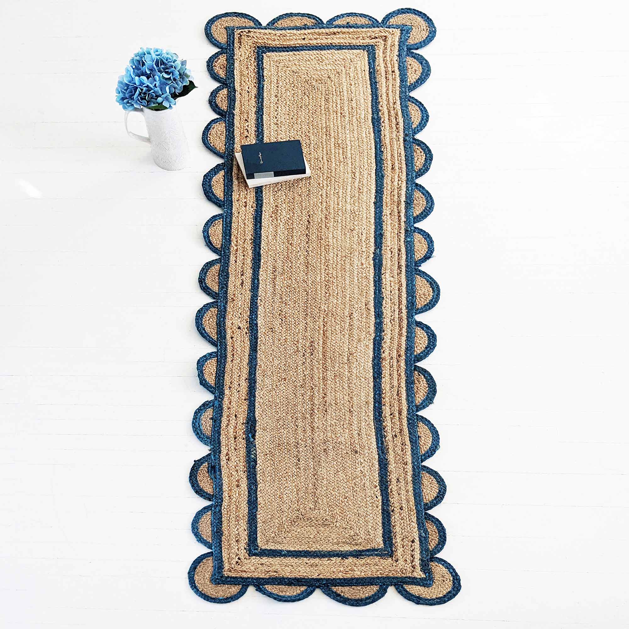 Scalloped Trim Beige Floor Runner with Blue Border