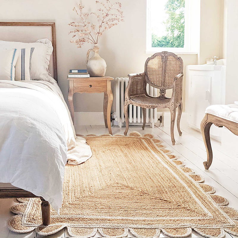 White Shell Rug Sundar Scallop White Rug | White Scalloped Edge Jute Rug Floor Mat