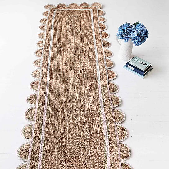 Scalloped Beige Floor Runner with a White Border Scalloped Beige Floor Runner with a White Border