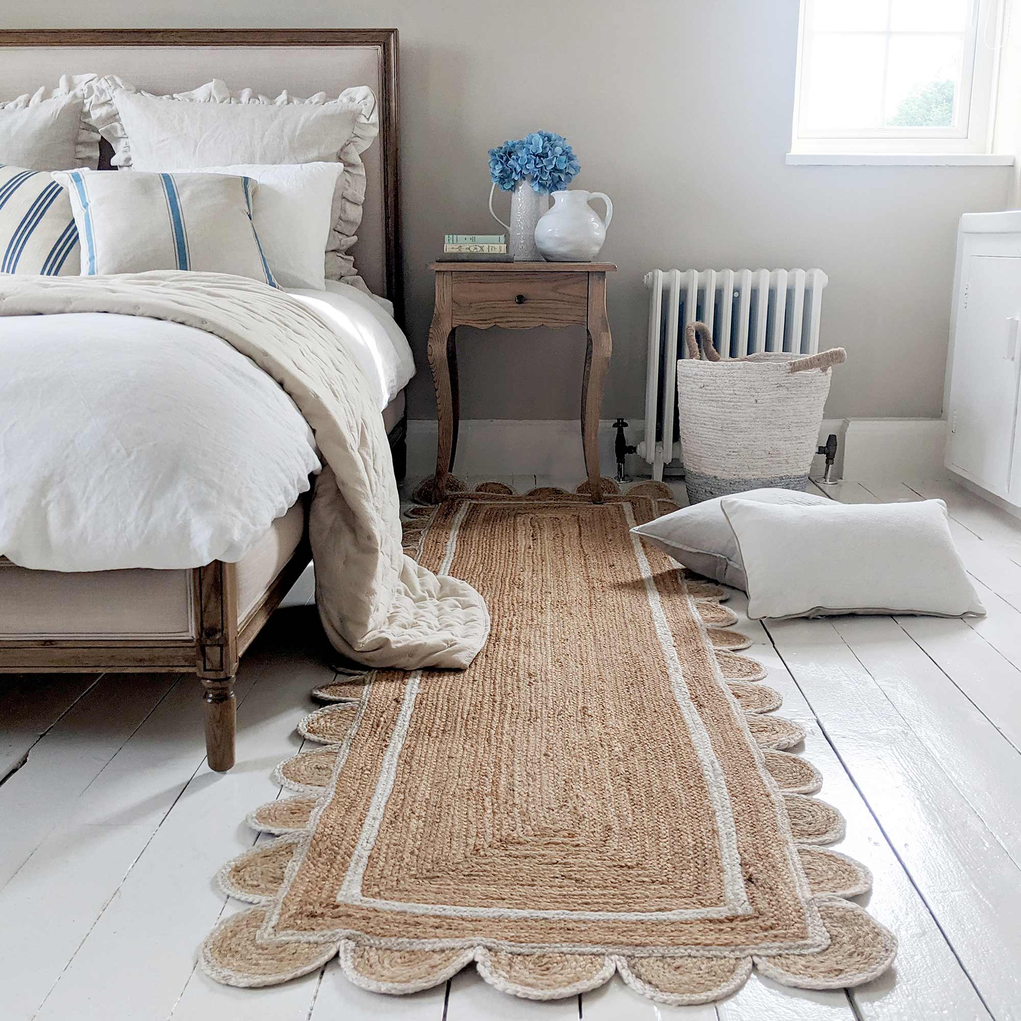 Scalloped Beige Floor Runner with a White Border
