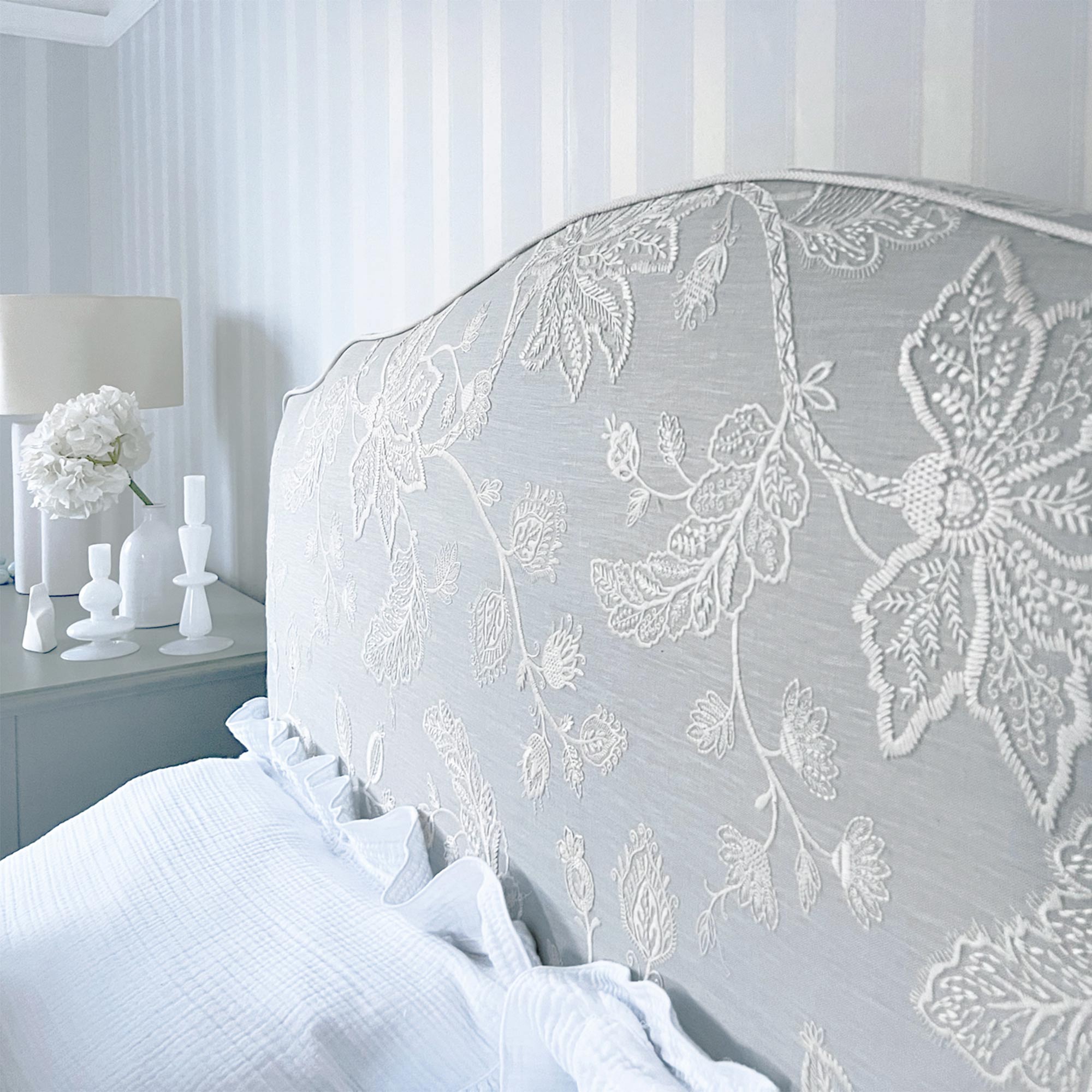 Embroidered Blue Linen Upholstered Bed