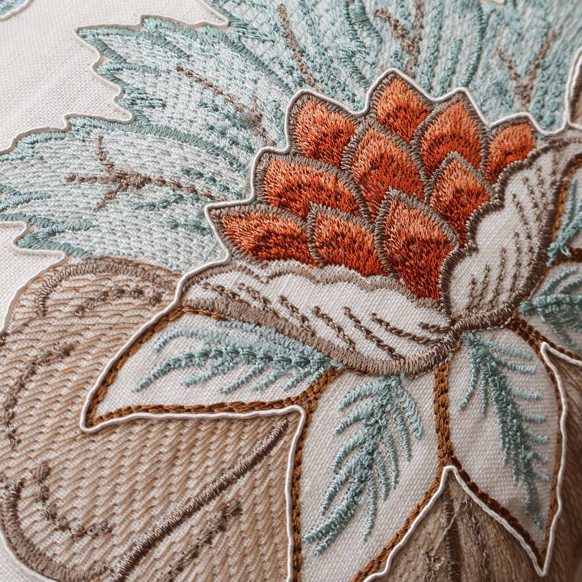 Detailed Embroidered Floral Motif in Tangerine and Topaz