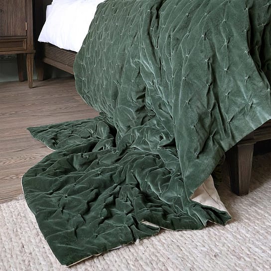 Quilted Forest Green Bed Throw with Natural Linen Reverse Quilted Forest Green Bed Throw with Natural Linen Reverse