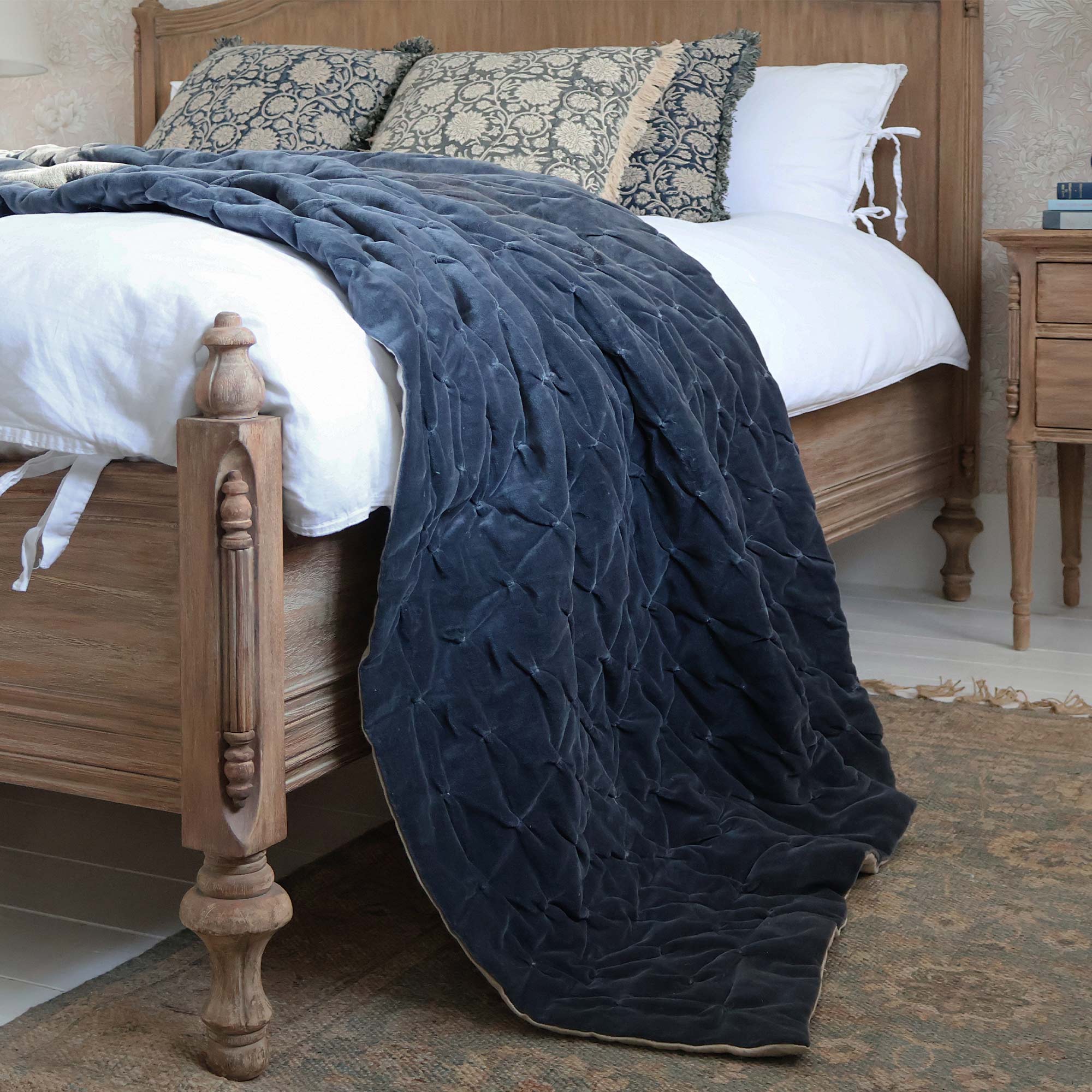The Luxuriator Bedspread in Navy Blue Velvet