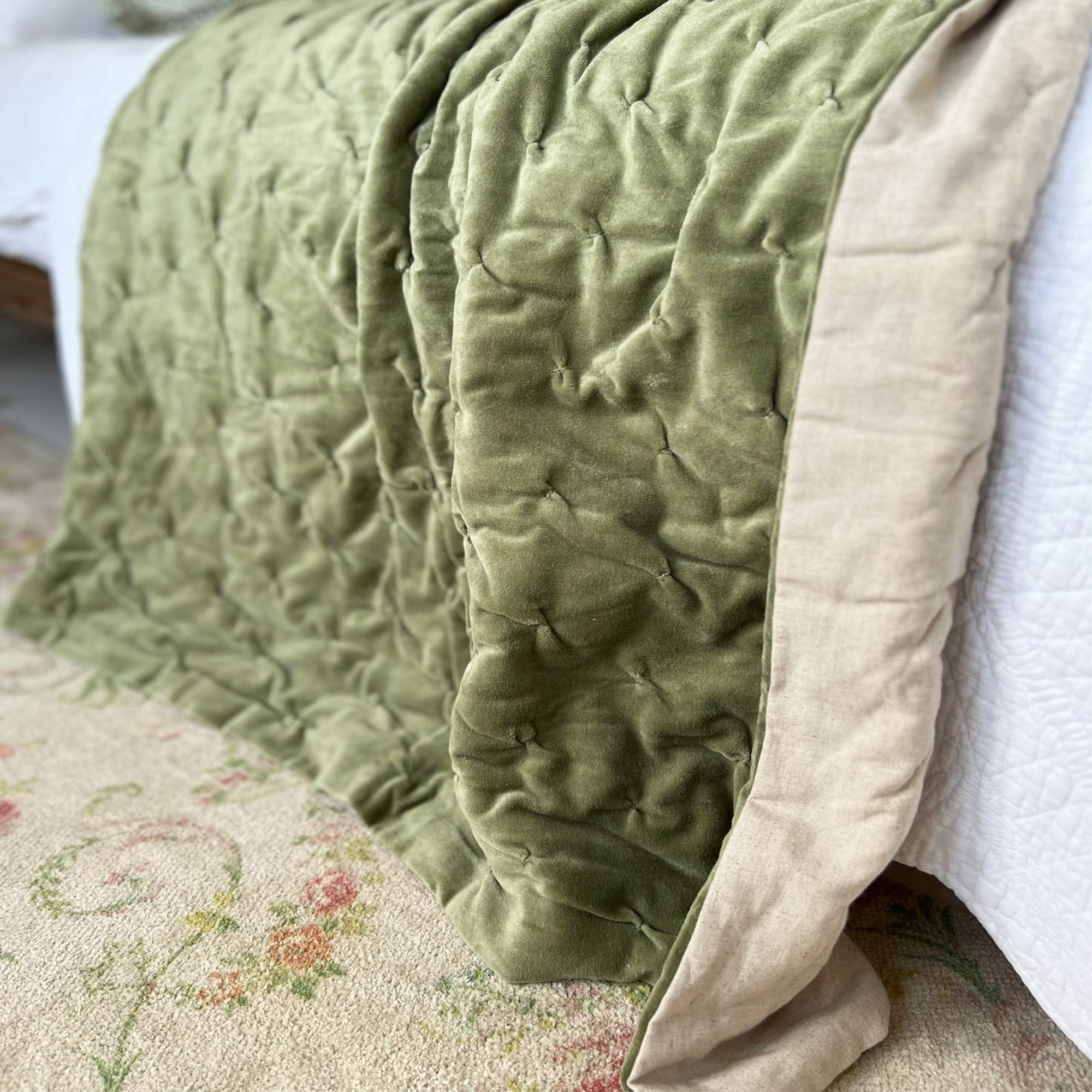 Sage Green Quilted Throw Reversible Cotton Velvet Quilted Throws