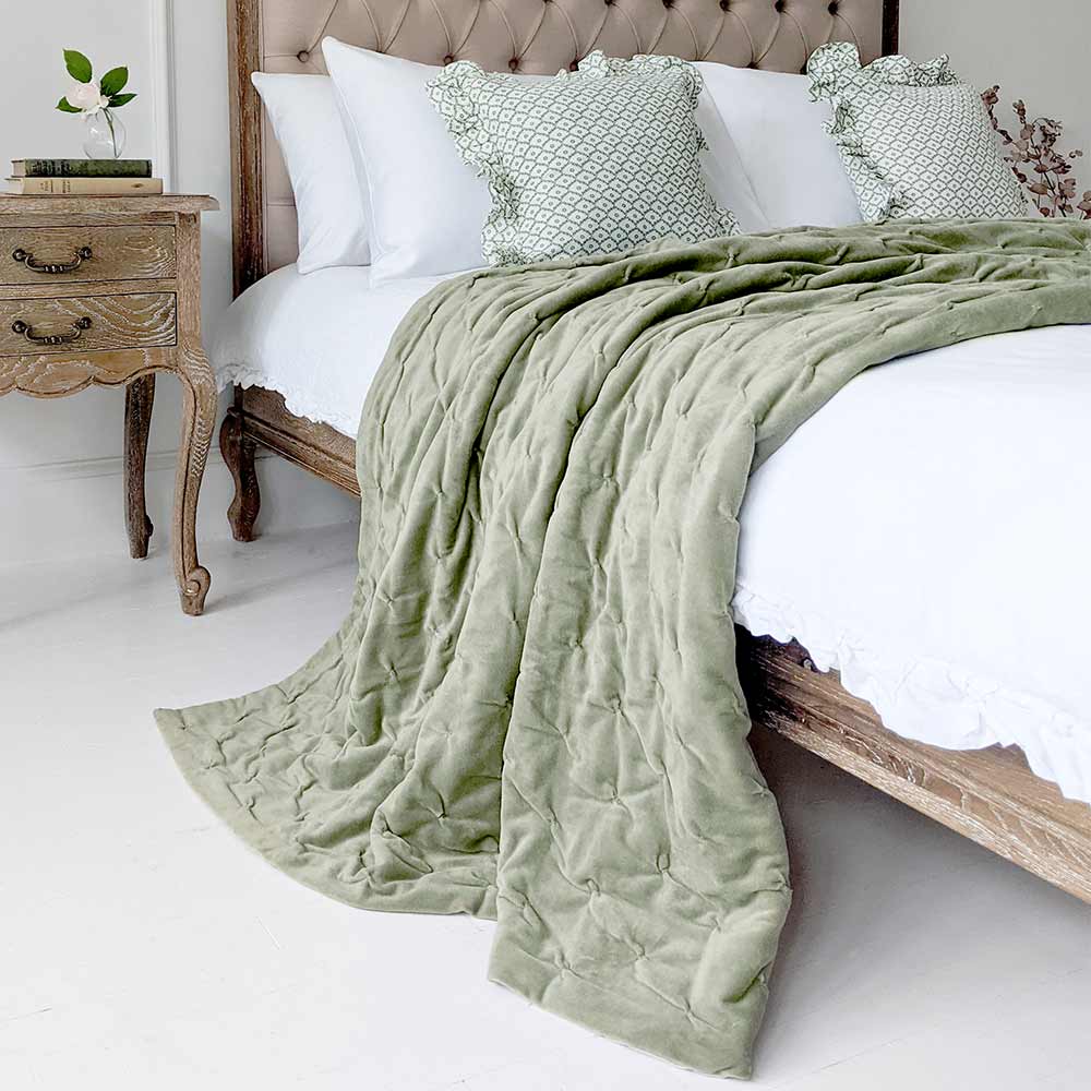The Luxuriator Bedspread in Sage Green Velvet | A Quilted Sage Green ...