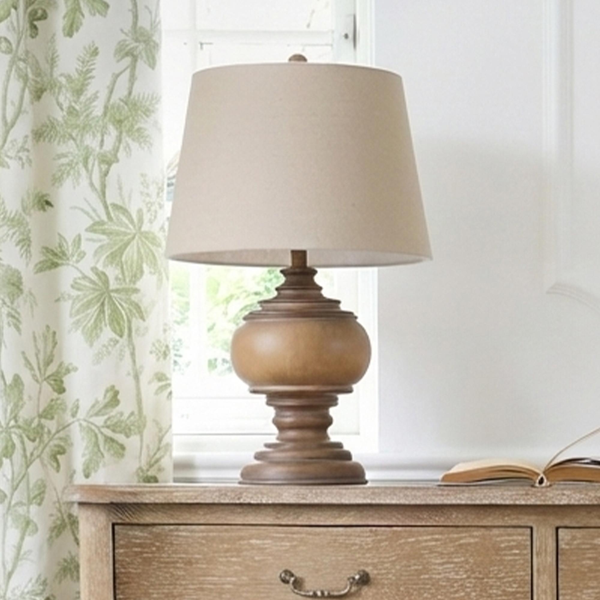 Softly Turned Wooden Base Lamp With Linen Shade