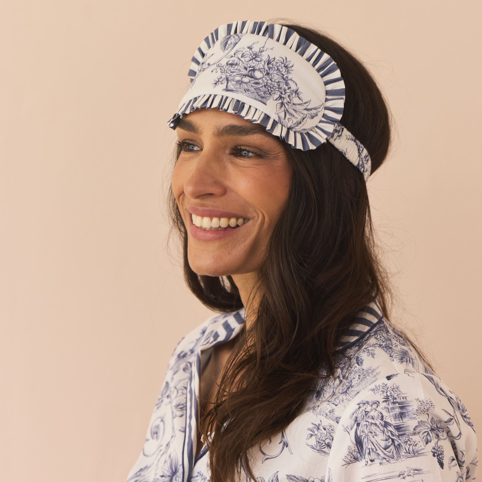 Their Nibs x French Bedroom Navy Blue Toile Cotton Frill Eye Mask