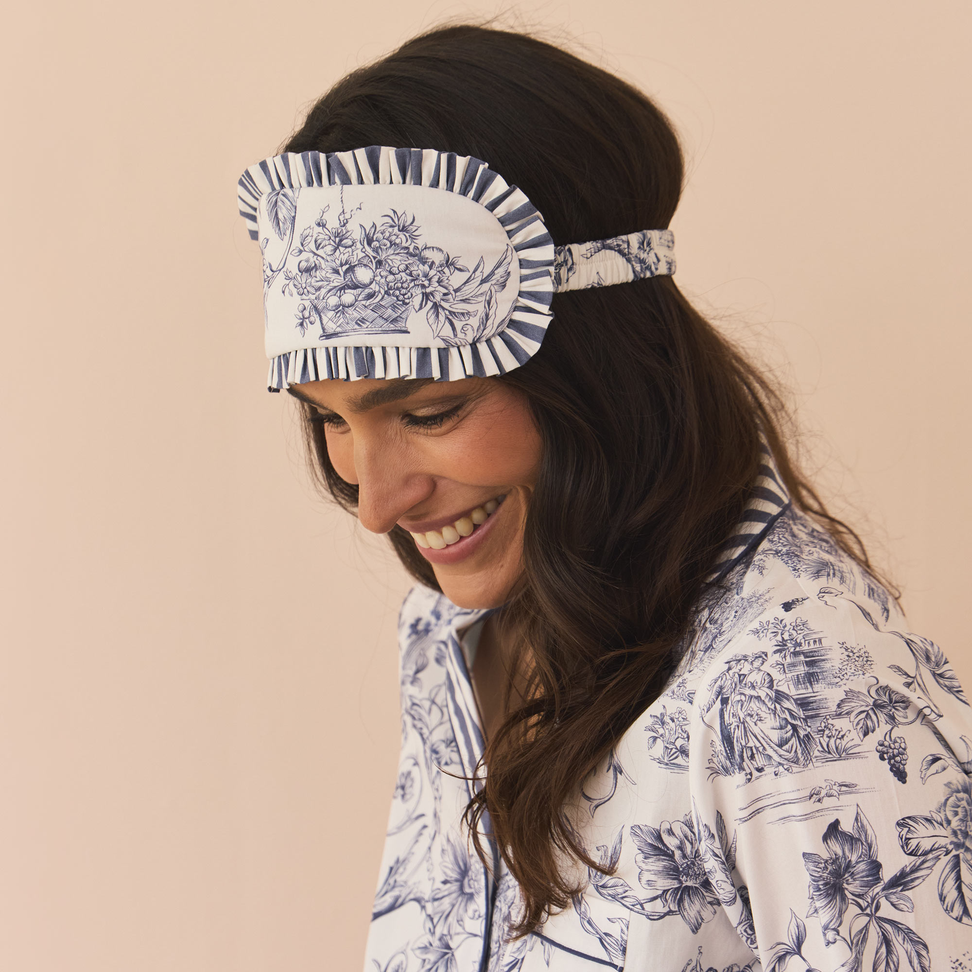 Navy Blue Luxury Sleep Mask with Classic Blue Toile Print and Contemporary Blue Stripe Frill