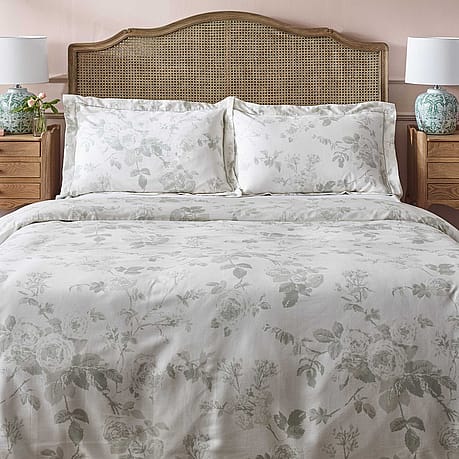 Tumbling Roses Tumbling Roses Linen Upholstered Bed | Sage Green Rose Patterned Linen ...