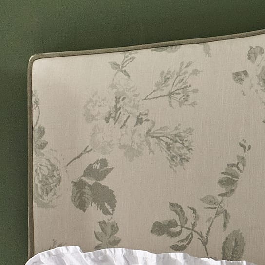 Sage Green Rose Patterned Linen Upholstered French Bed in a Vintage Style Floral Fabric Sage Green Rose Patterned Linen Upholstered French Bed in a Vintage Style Floral Fabric