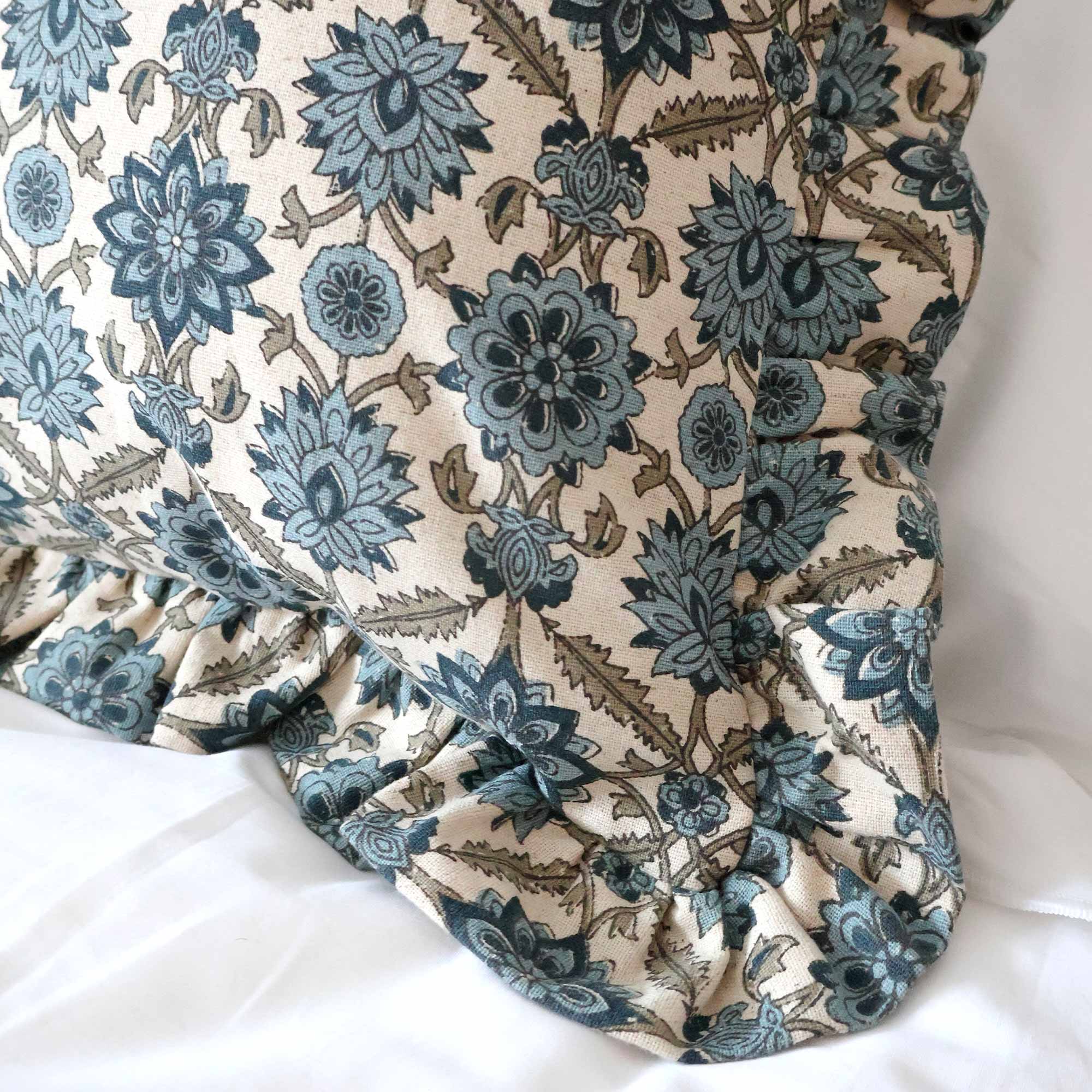 Square Floral Ruffle Edge Cushion Navy And Cream