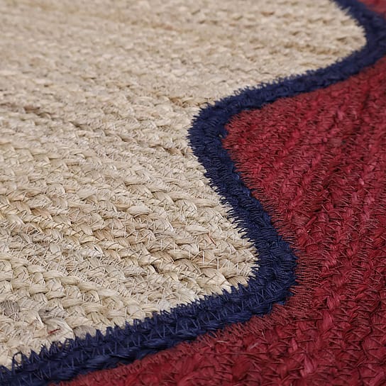 Hand-Woven Rug in Berry Red and Blue Scallop Design Hand-Woven Rug in Berry Red and Blue Scallop Design