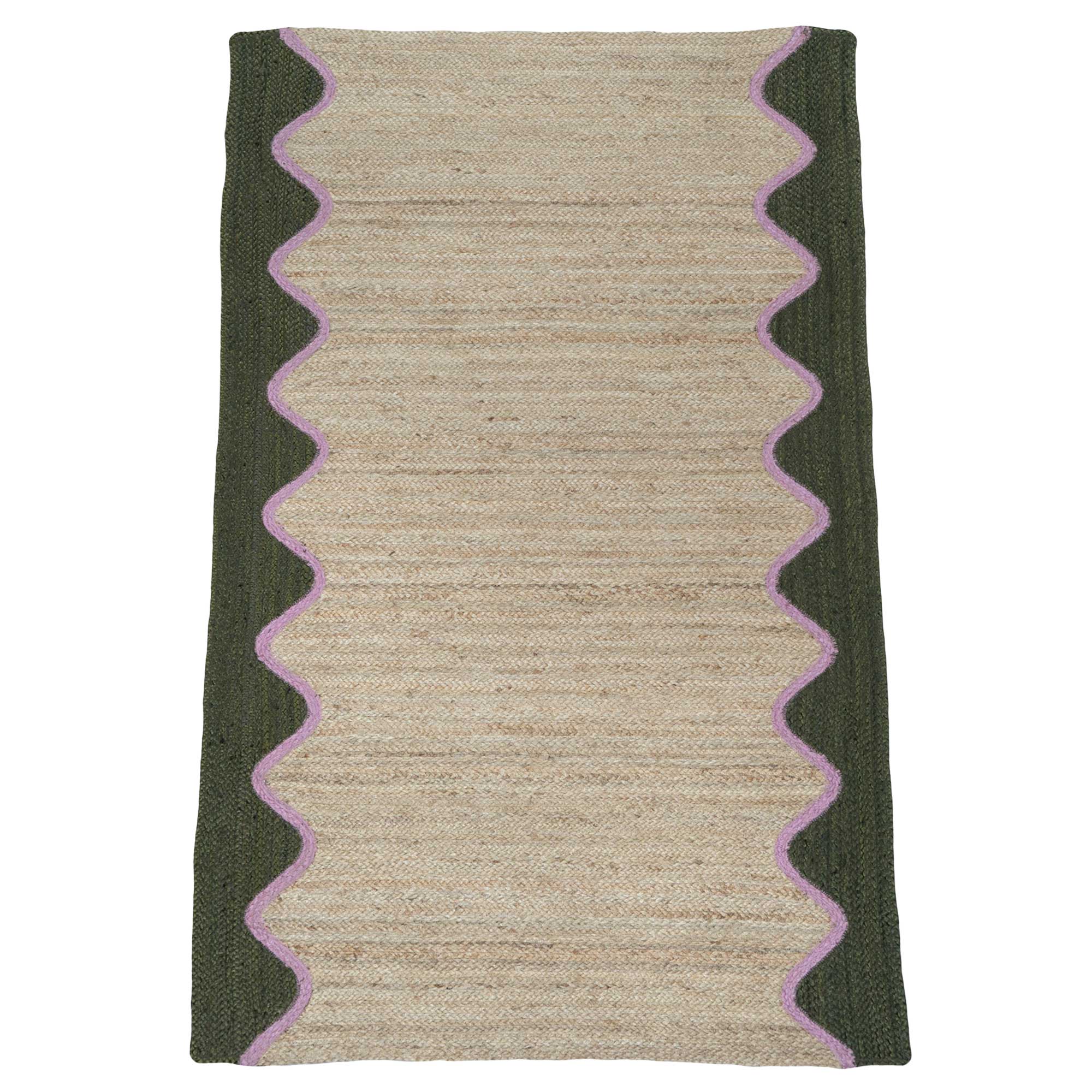 Hand-Woven Rug in Dark Olive and Lilac Pink Scallop Detailing 