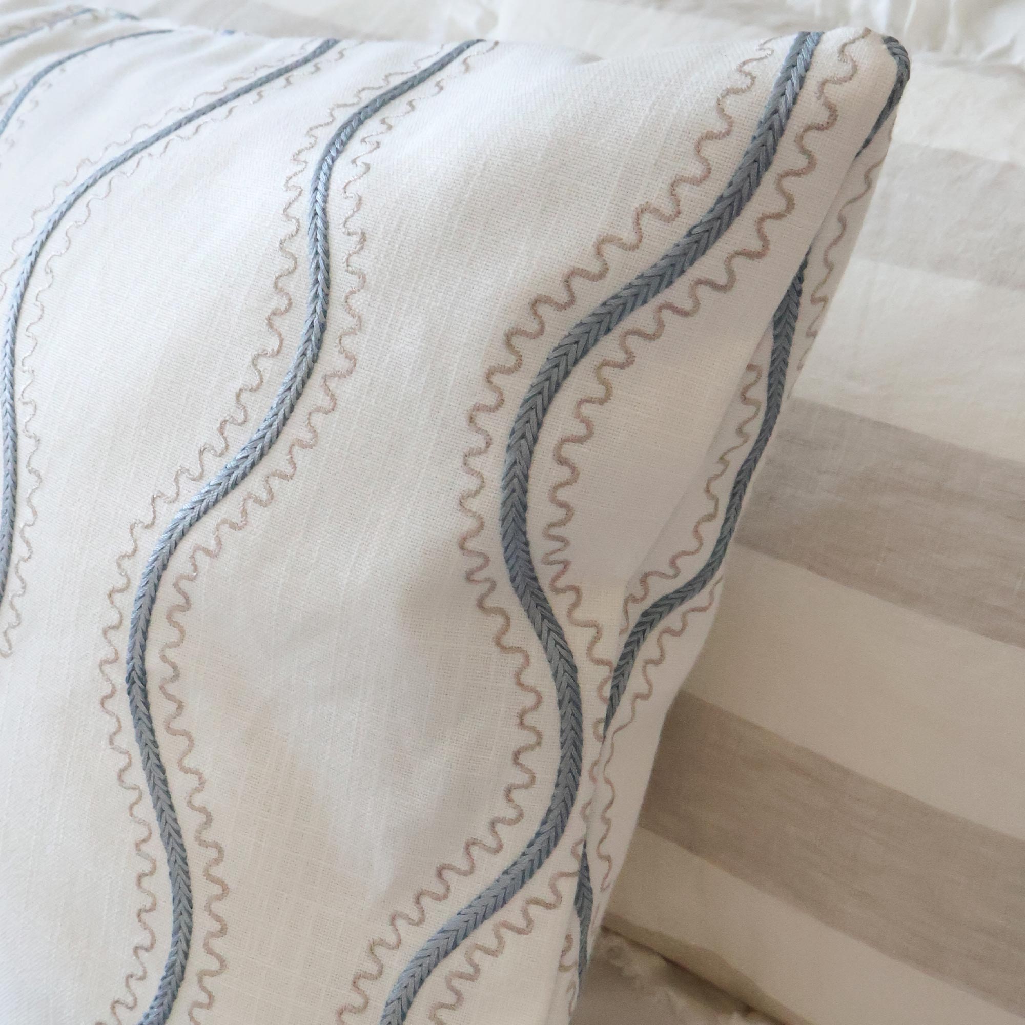 Cotton Boudoir Cushion with Fine Blue and Taupe Embroidered Wiggle and Wave Design