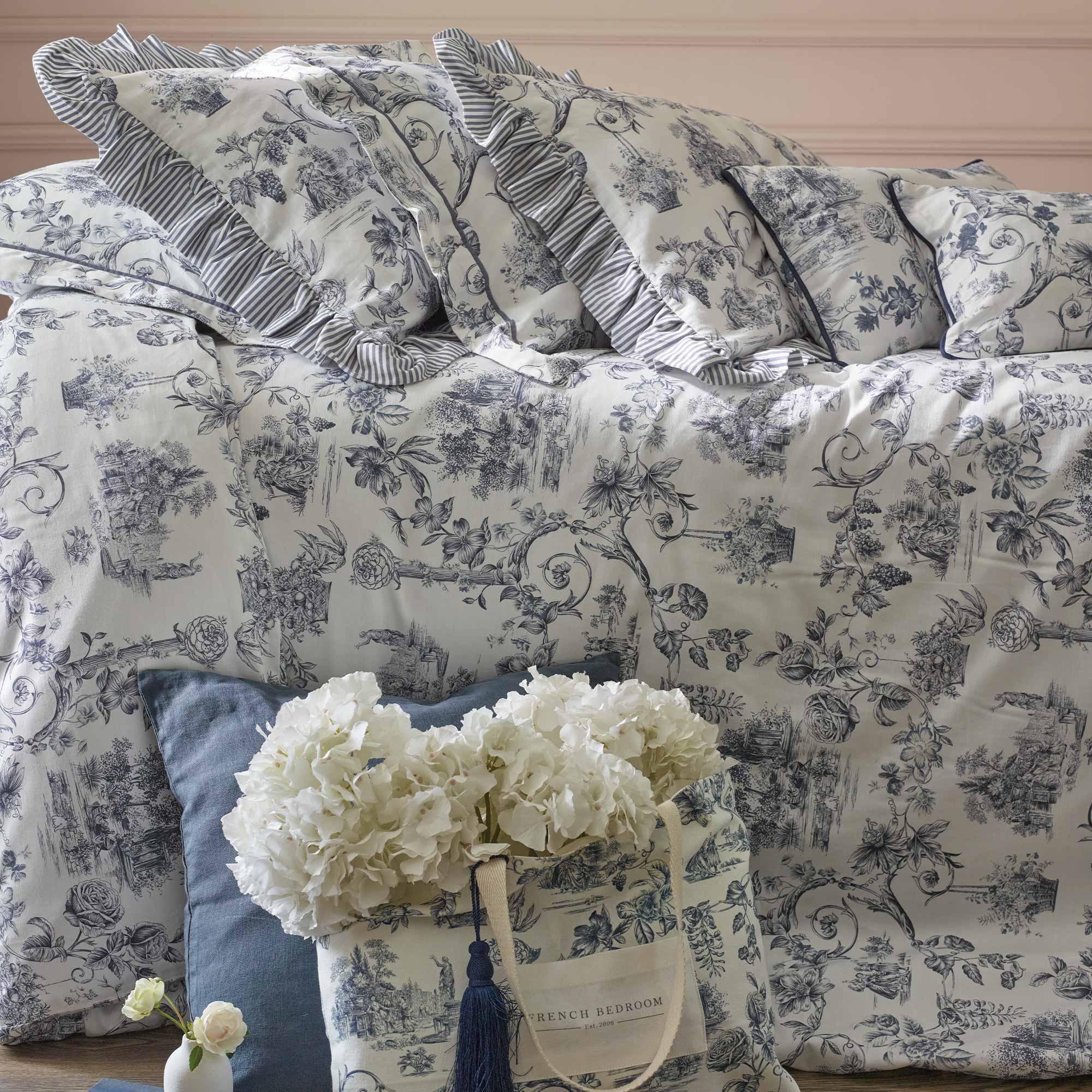 Timeless toile bed linen in French blue