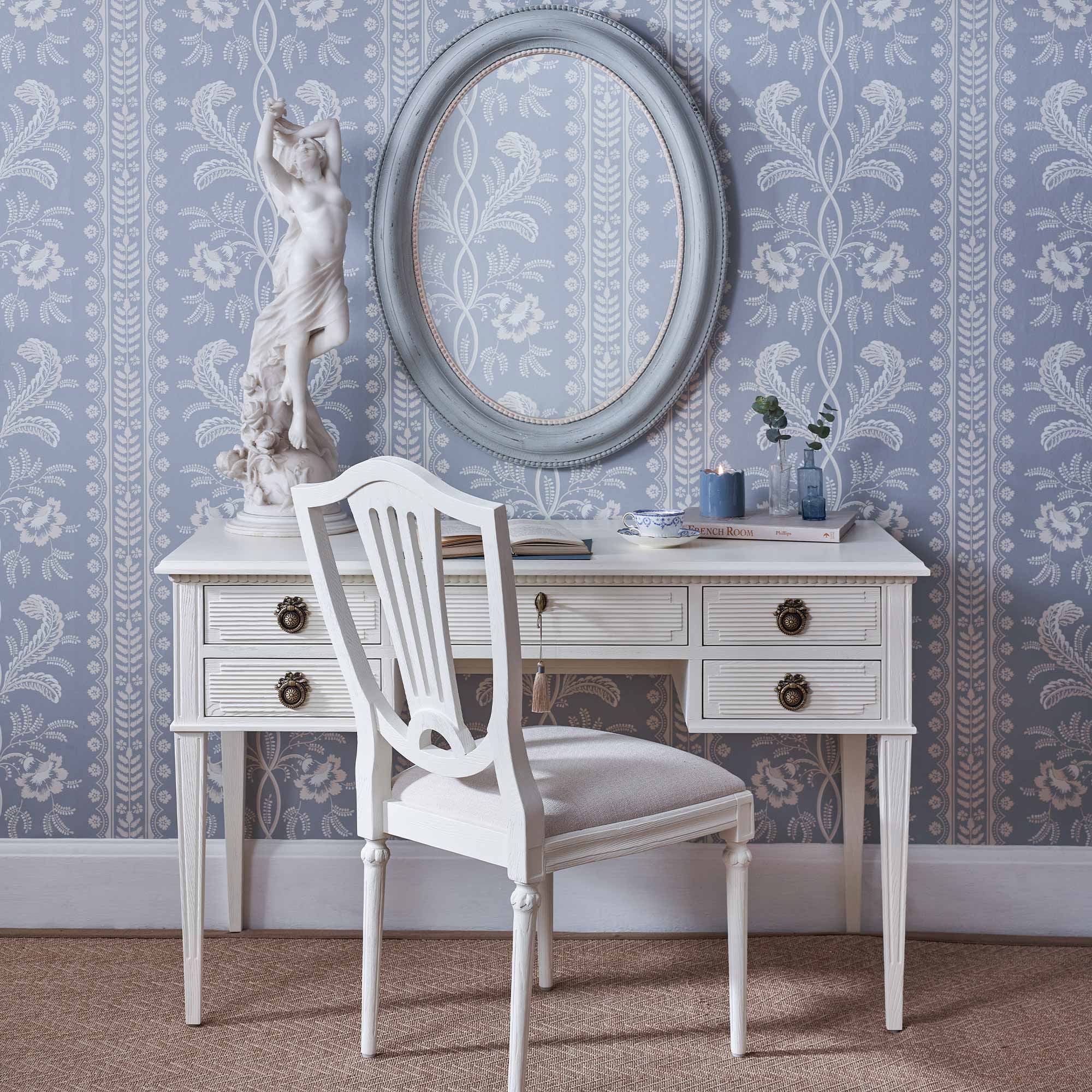 Matching Gustavian White wood writing desk and Upholstered chair