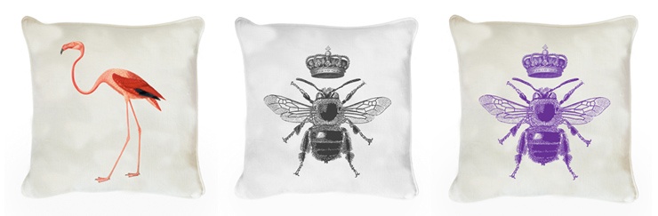 Our Natural History cushions, featuring bees and flamingos