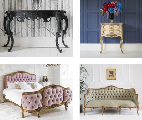 French Bedroom Classics - French Console Table, Velvet Luxury Bed, French Style Bedside Table, Damask Bedroom Sofa