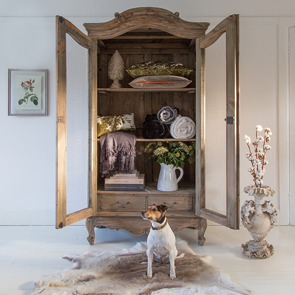 Wire-Fronted French Armoire from Reclaimed Natural Wood