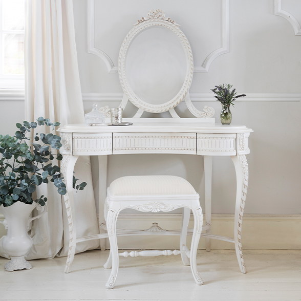 Romantic French Style Dressing Table Handmade from Mahogany and Finished in Antique White