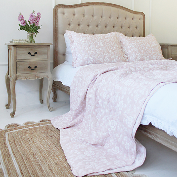 Button Upholstered Bed in Natural Linen, Handmade with an Oak Frame