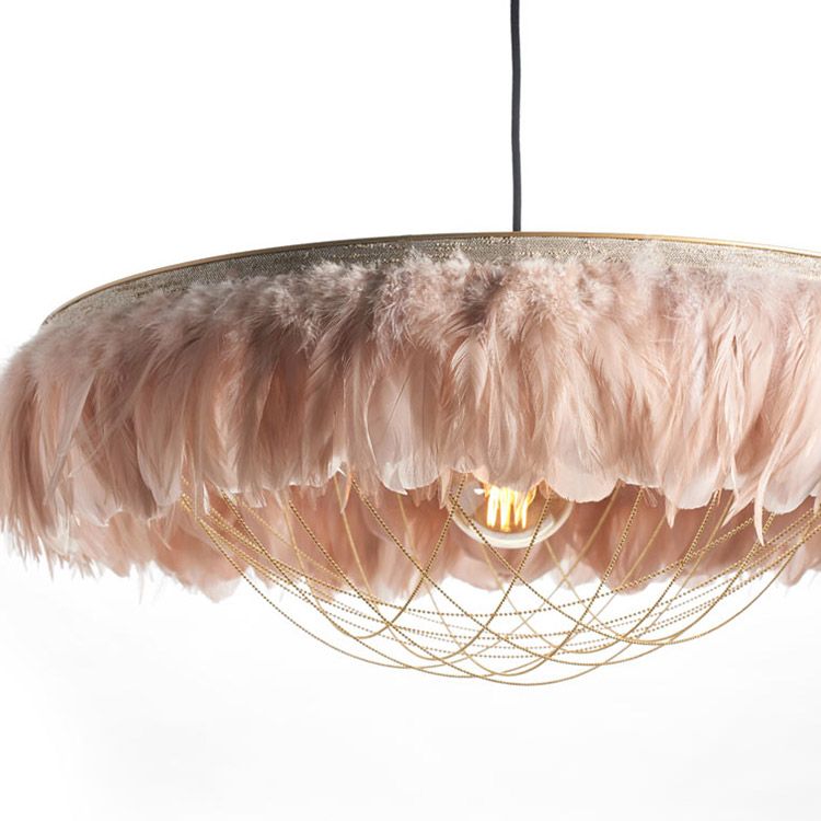Soft Pink Feather Pendant Light with Brass Gold Chains
