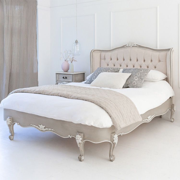 Linen Upholstered French Style Bed in Fawn Grey and Ivory with Low Footboard
