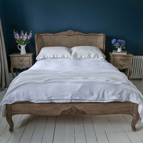 Distressed and Weathered Handmade Wooden French Bed in a Romantic Rattan Rustic Finish