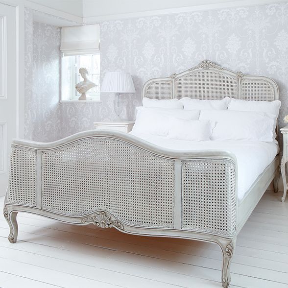 Grey Painted French Style Handmade Rattan Bed
