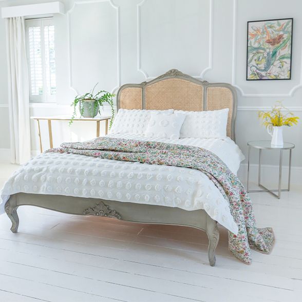 French Style Rattan Bed in Pale Stone with Hand-Painted Finish

