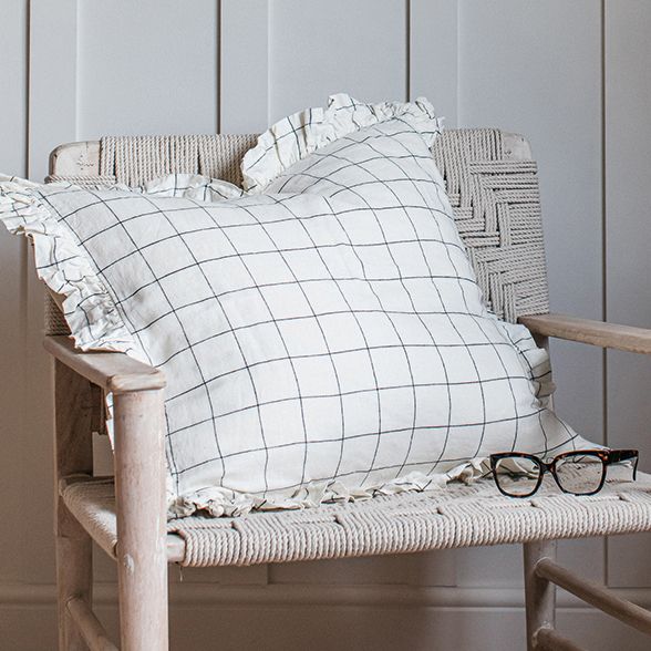 Relaxed Square Bedroom Cushion in Ivory and Black Grid with Ruffled Trim
