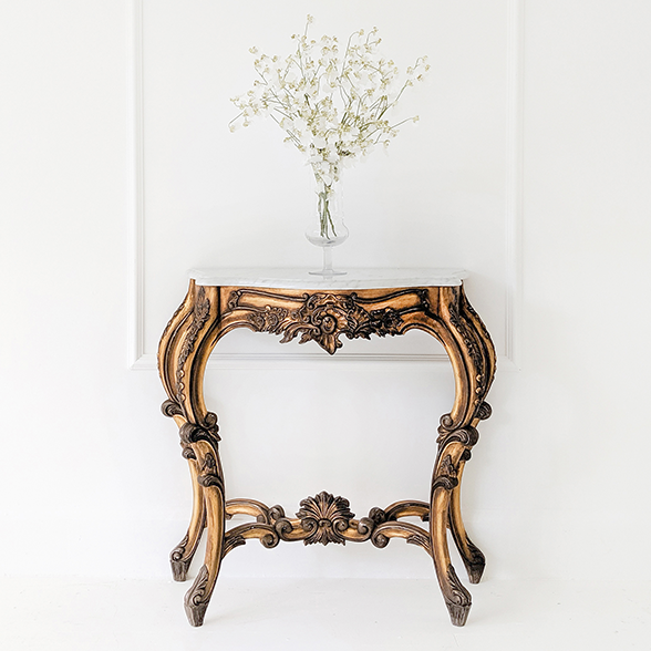 Handmade Gold Gilt Petite French Style Console Table with Marble Top